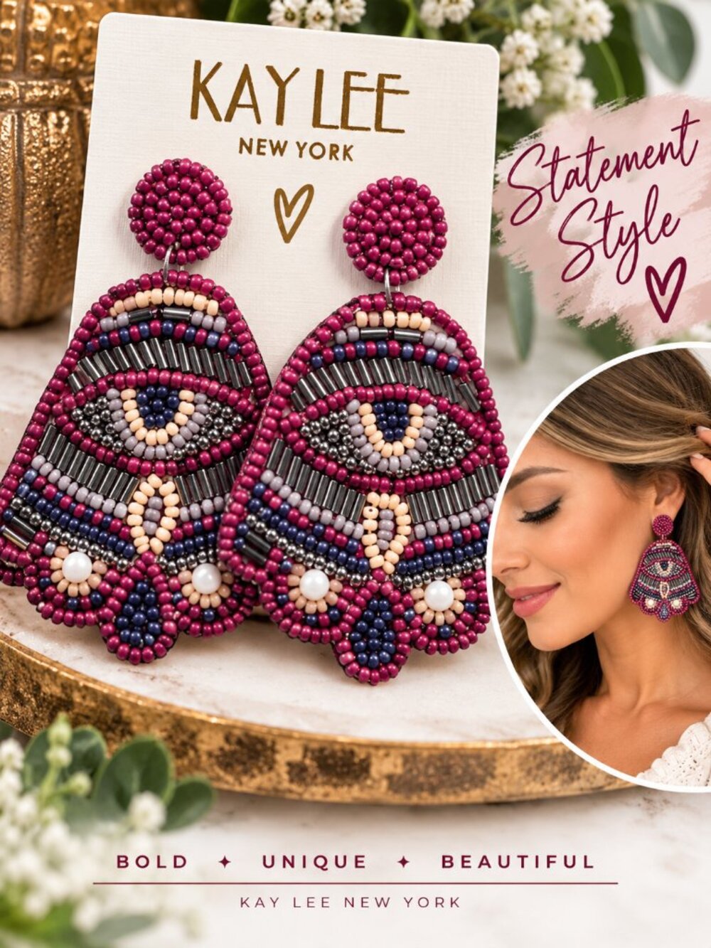 Kaylee New York Beaded Statement Earrings Eye Motif Boho Mauve Plum